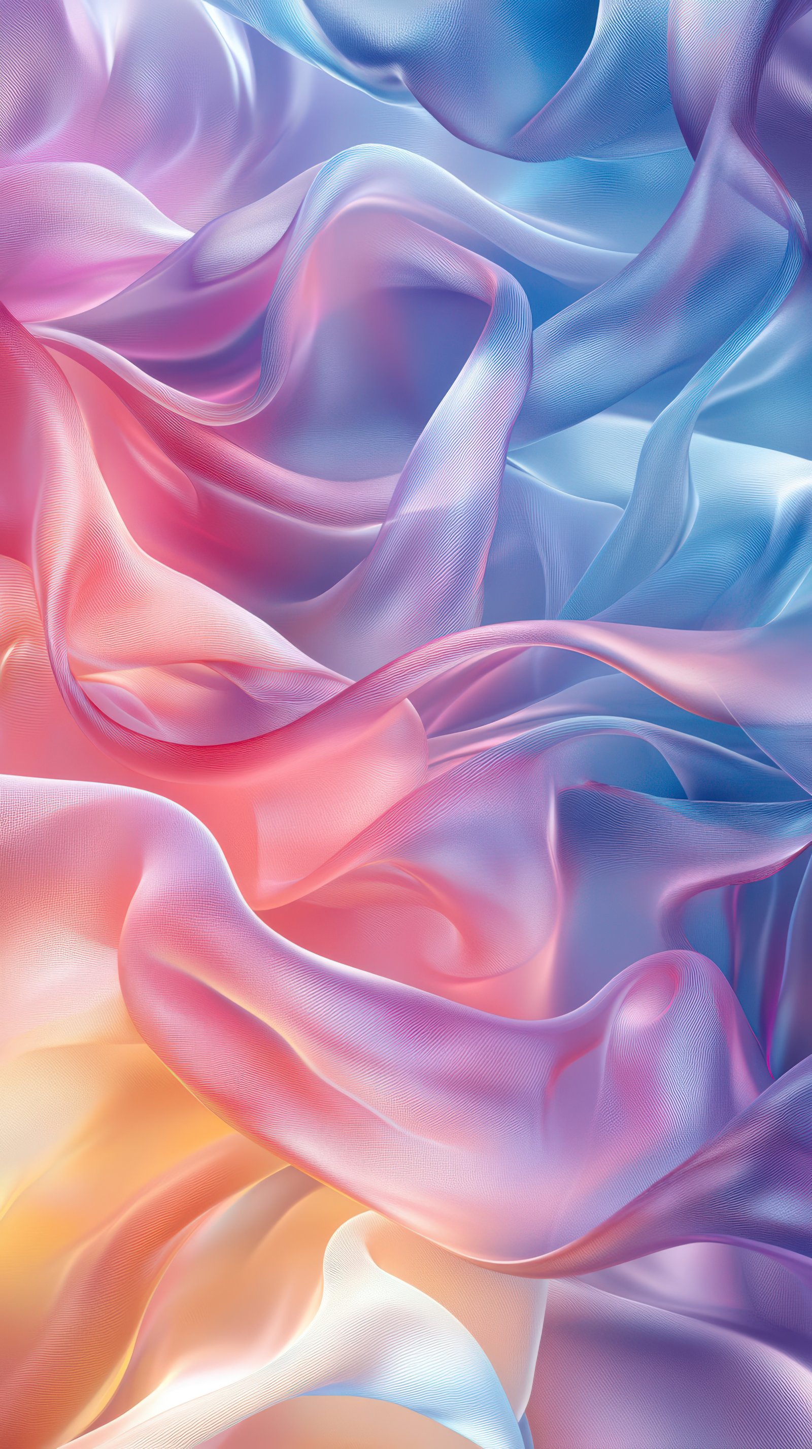 Colorful silk fabric waves create a serene atmosphere with soft pastel tones blending harmoniously